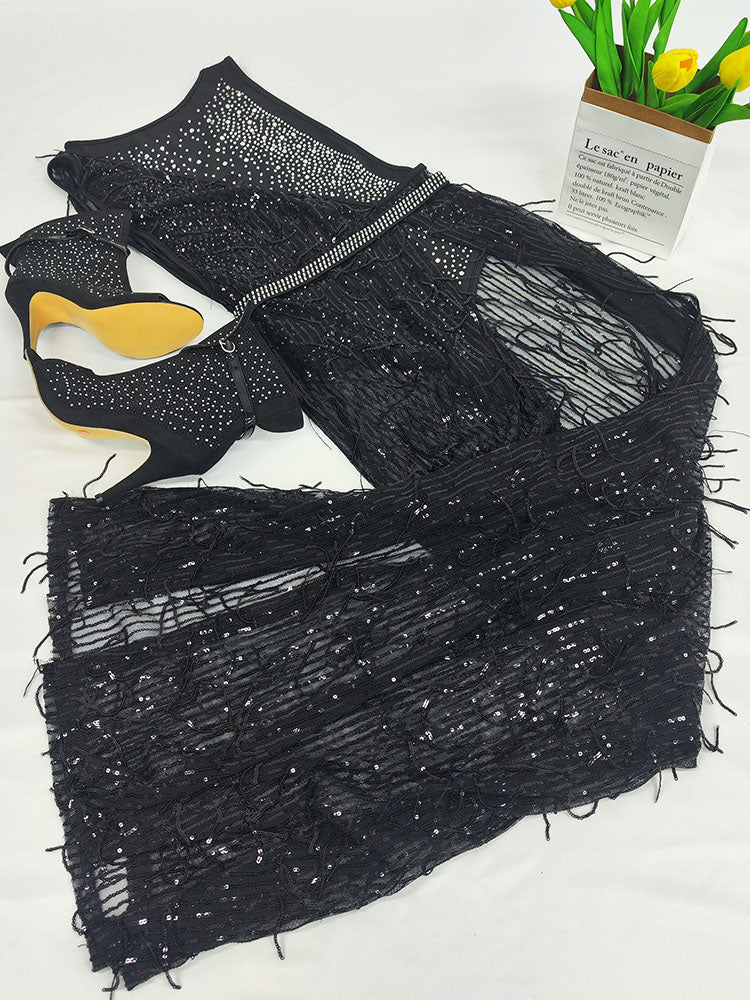 Two Piece Giltter Rhinestone Mesh Outfits