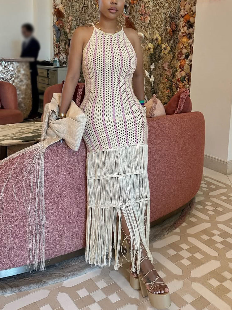 Crochet Fringe Sleeveless Beach Midi Dress