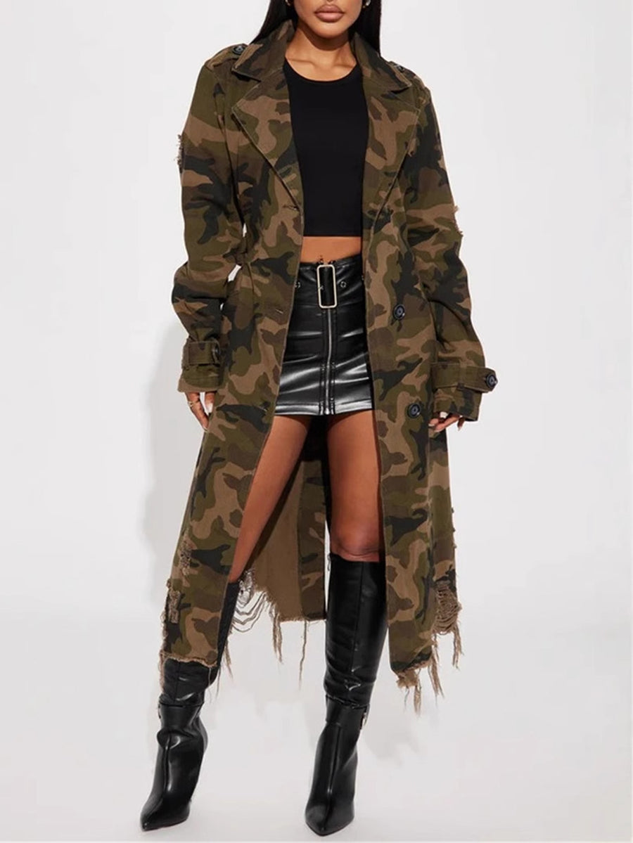 Distressed Camouflage Trench Coat