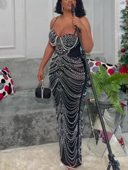 Strappy Rhinestone Mesh Maxi Dress