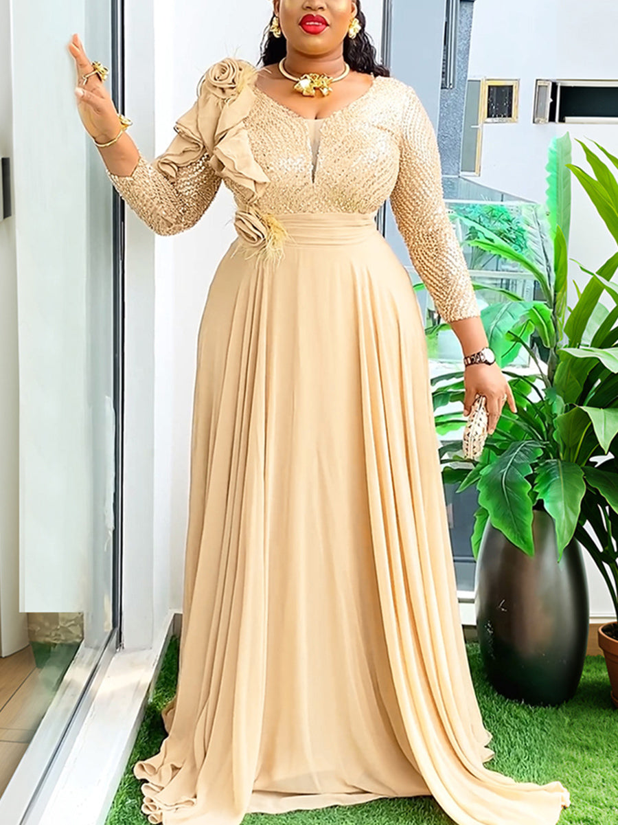 Plus Size Sequin Gown Chiffon Floral Maxi Dress