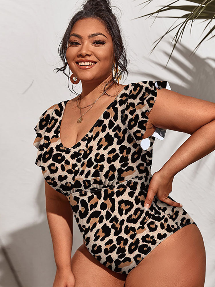 Plus Size Sleeveless Ruffle Floral Print Swimsuit