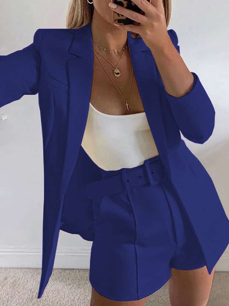 Two Piece Office Long Sleeve Solid Shorts Sets