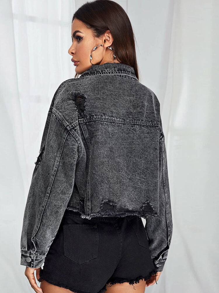 Denim Long Sleeve Ripped Hem Short Jacket
