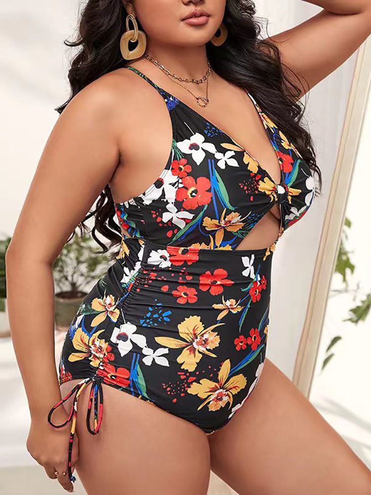 Plus Size Floral Print Backless Swimsuit