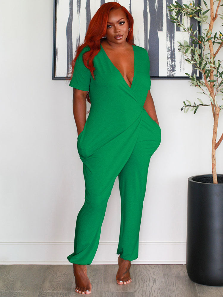 Short Sleeves Ruched Crisscross Jumpsuit