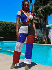 Two Piece Hollow Out Short Sleeve Crop Top Pants