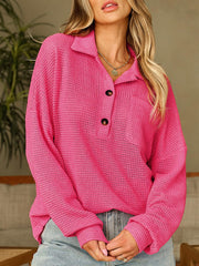 Button Down Long Sleeve Waffle Knit Tops