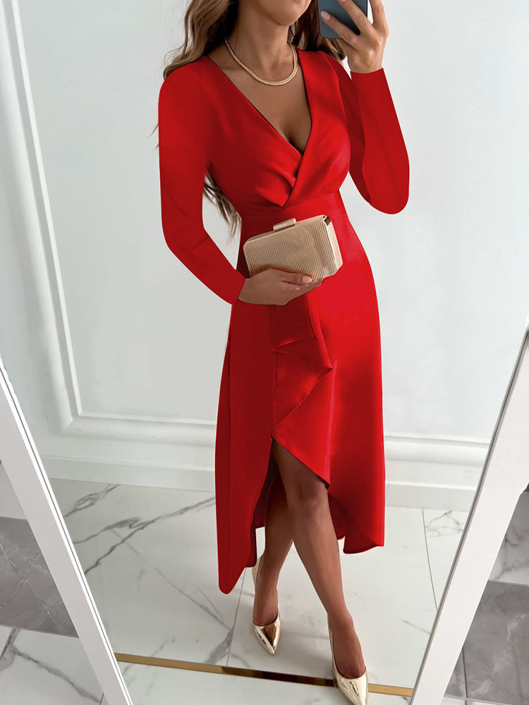 V Neck Asymmetrical Hem Midi Dress