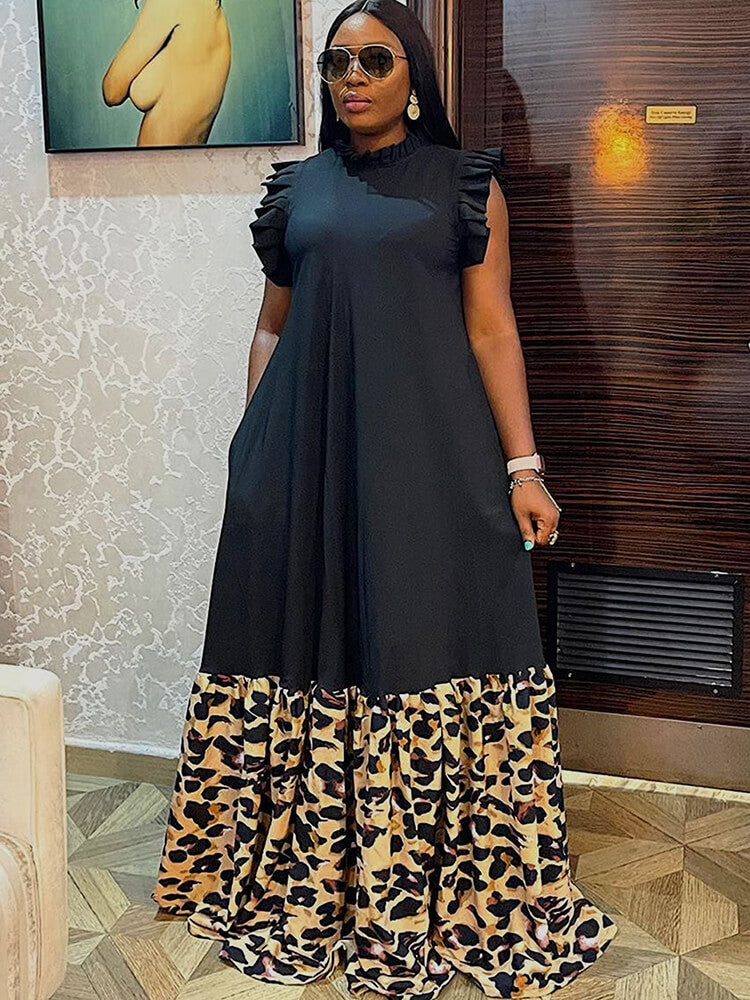 Sleeveless Ruffle Leopard Patchwork Maxi Dress