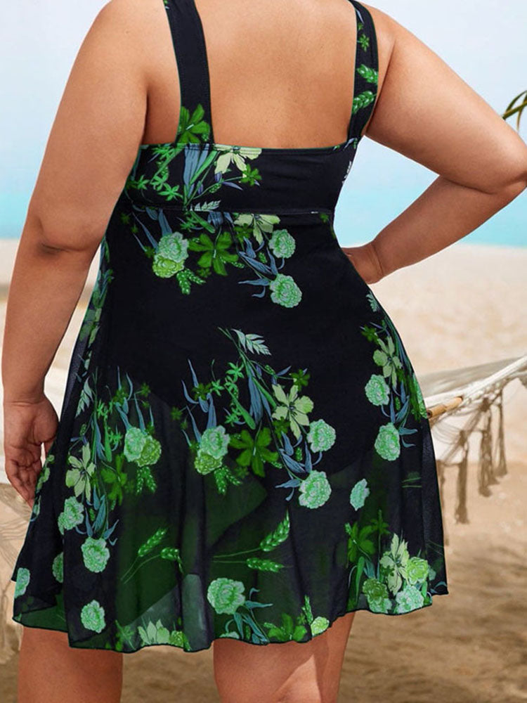 Plus Size Floral Print Mesh Bikini Romper