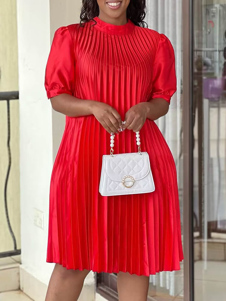 Short Sleeve Mock Neck Pleated Mini Dress