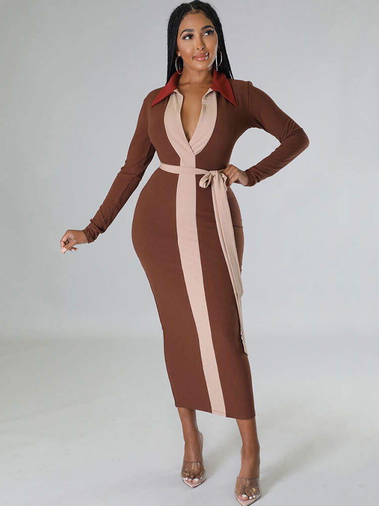 Long Sleeve Color Block Maxi Dress