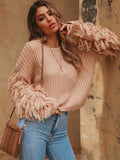 Strickpullover mit langen Ärmeln und Quasten, figurbetont