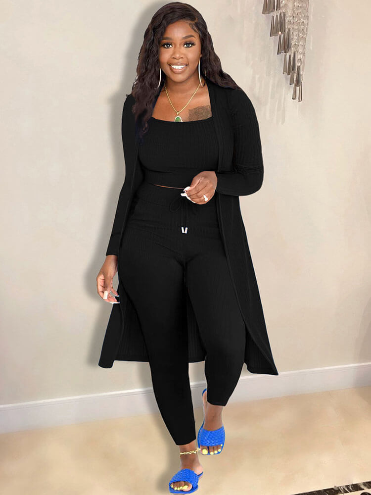 Open Front Cardigan Long Pants Three Piece Outfits