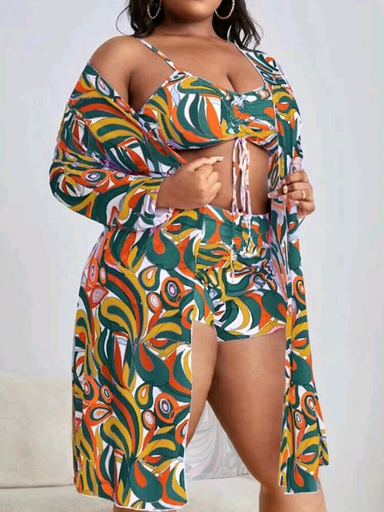 Plus Size Three Piece Floral Print Short Set