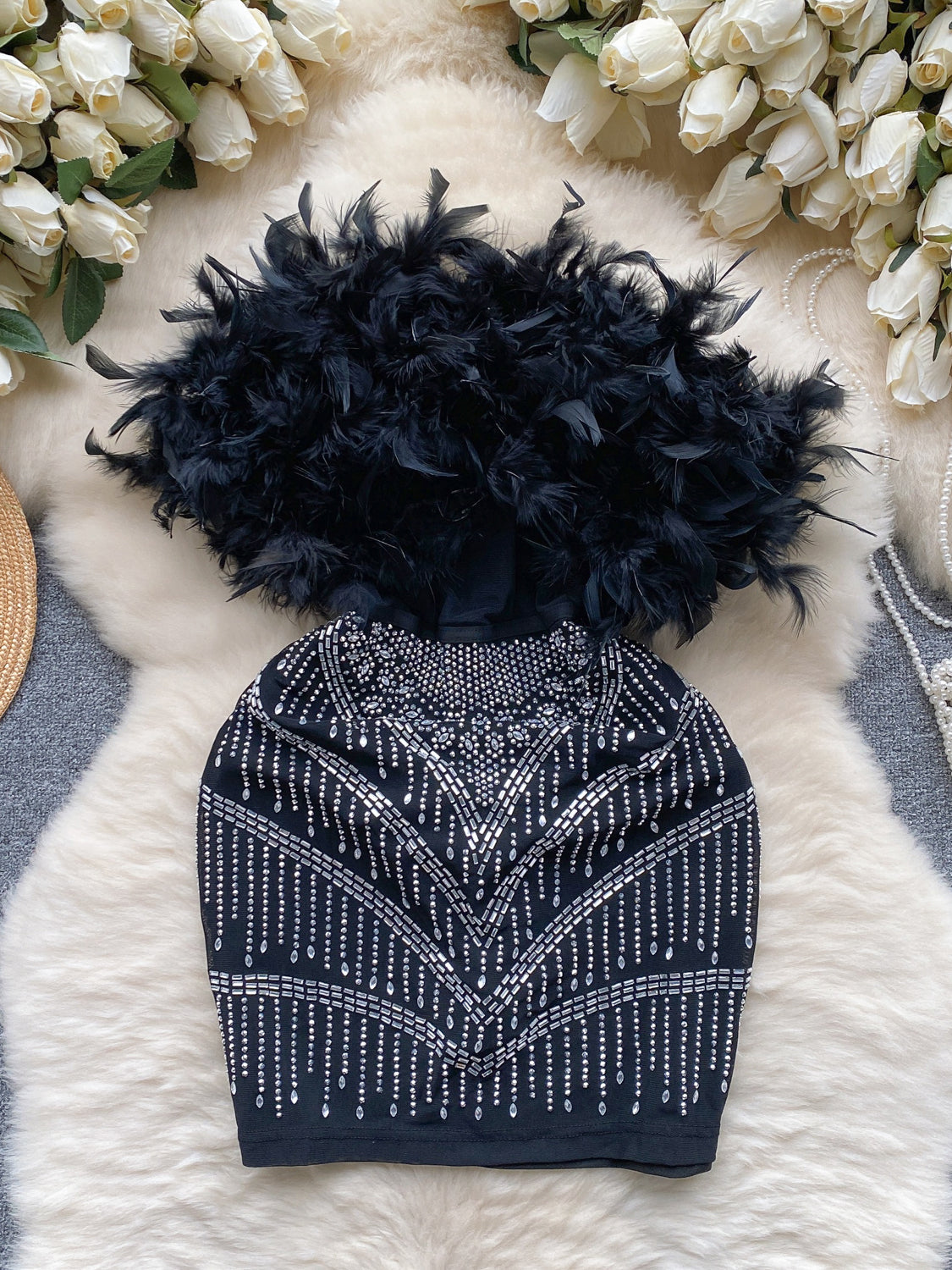 Feather Rhinestone Strapless Mini Dress