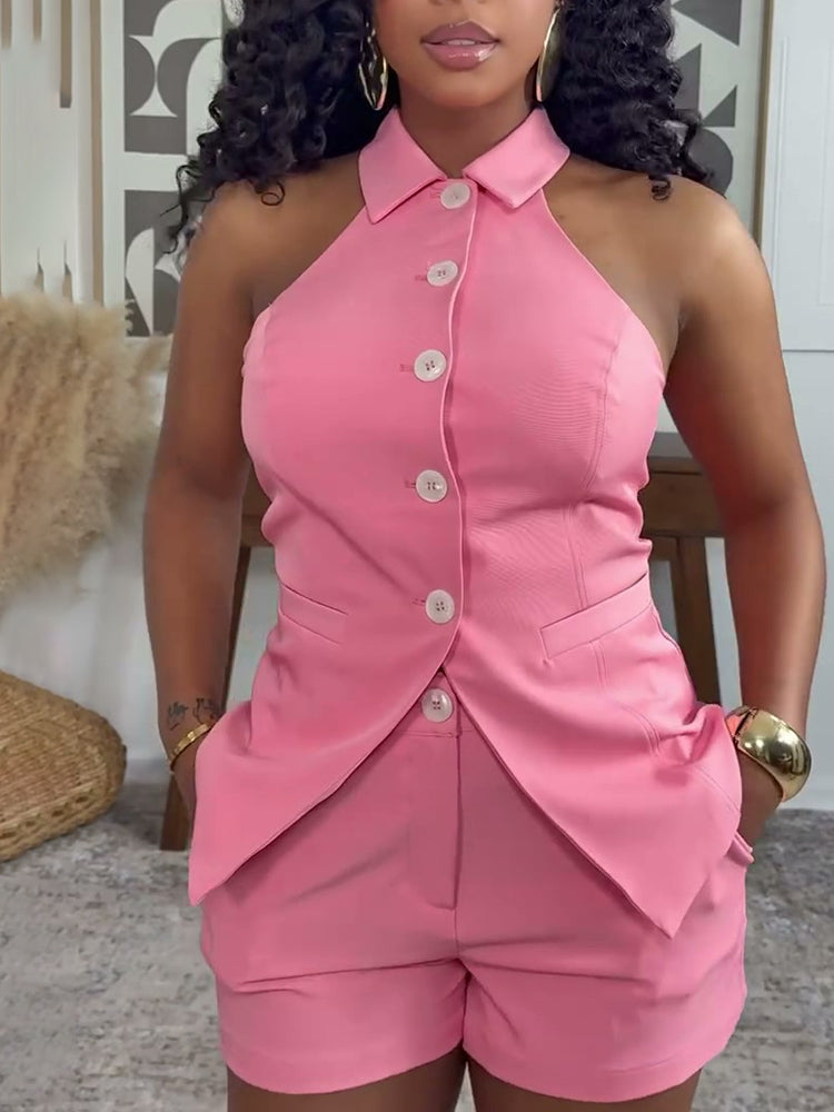Sleeveless Lapel Vest Shorts Sets