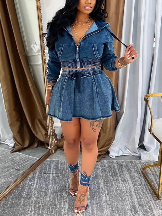 Two Piece Denim Zip Up Jacket Skirt Sets 750