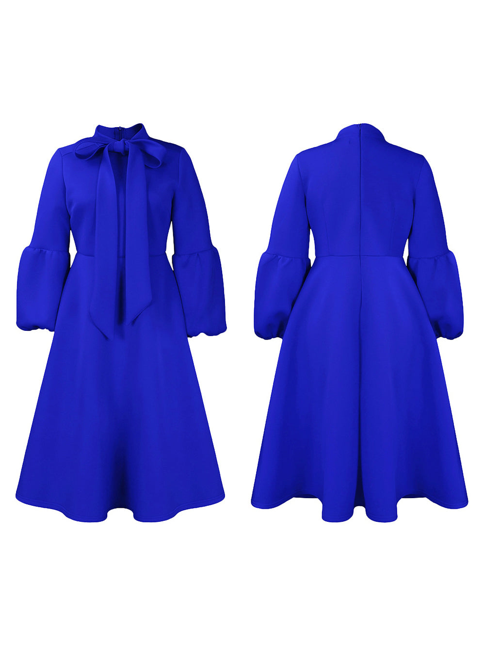 Puff Sleeve Bow-Tie Neck Flared Midi Dress