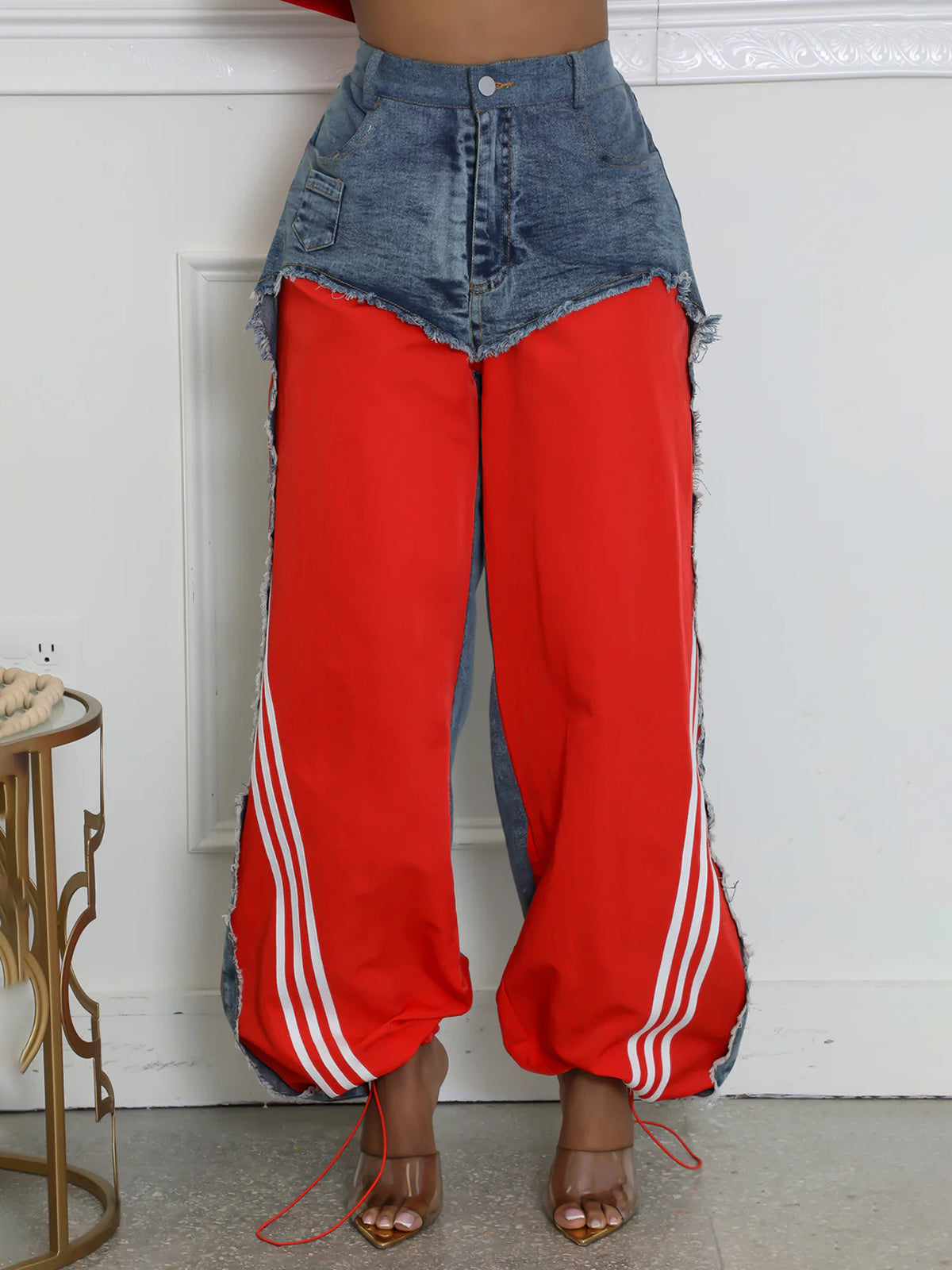 Stripe Patchwork Drawstring Denim Pants