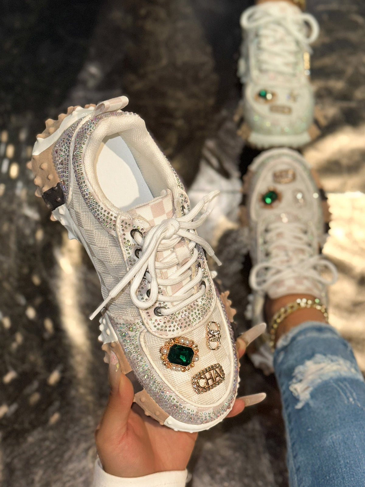 Rhinestone Mesh Chunky Sneakers