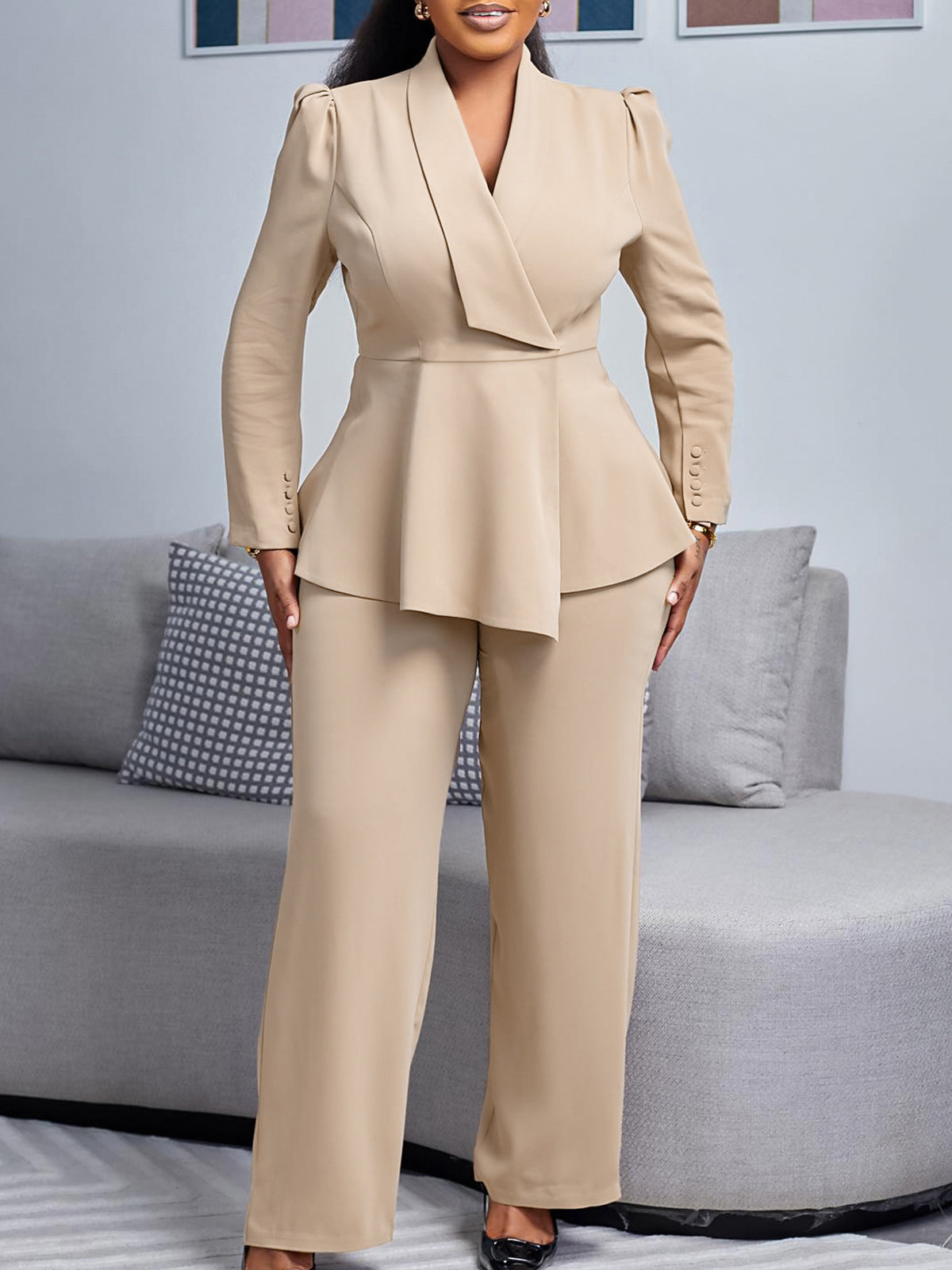 Tailored Lapel Peplum Blazer Pants Set