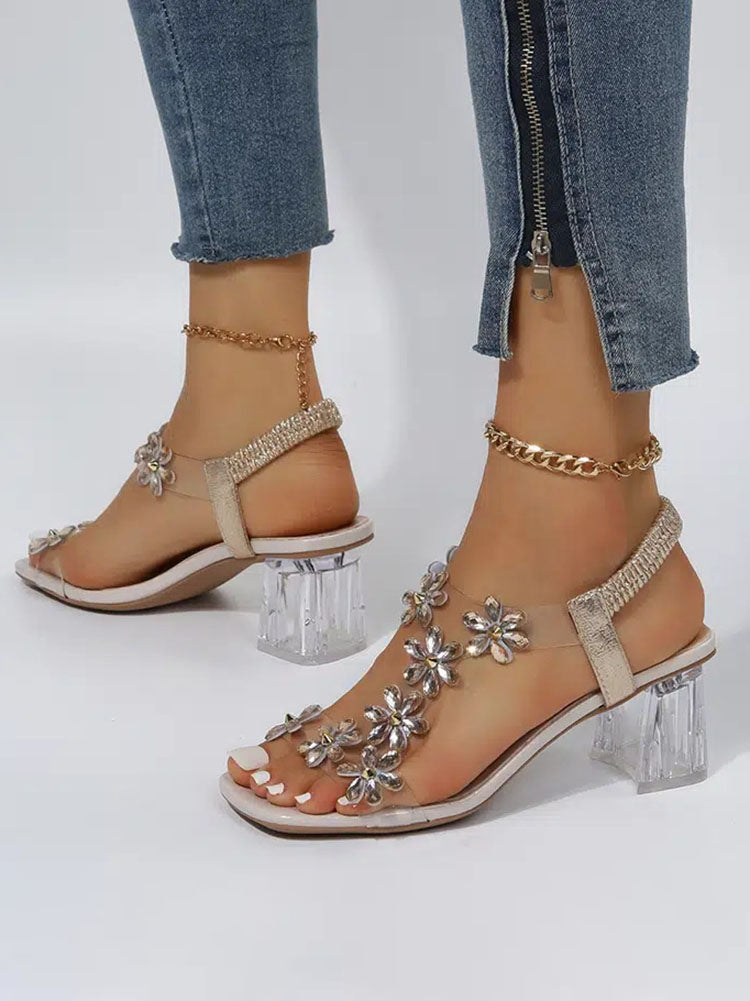 Rhinestone Patchwork Chunky Open Toe Heel