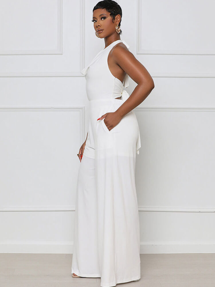 Halter Neck Backless Lace Up Wide Leg Jumpsuit