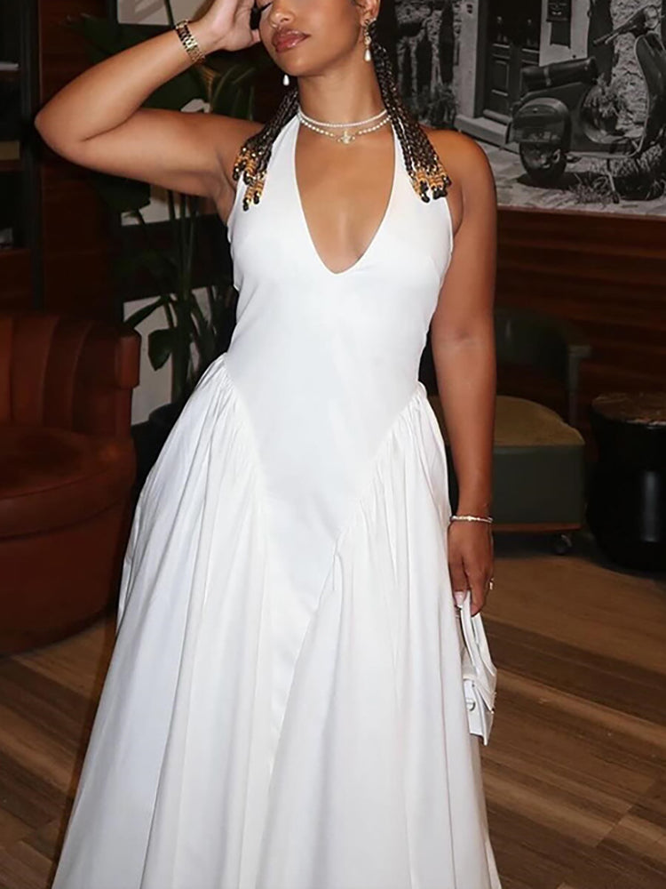 Elegant Halter Neck Solid Color Dress