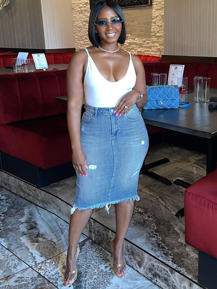 Denim Ripped Back Split Midi Skirts