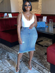 Denim Ripped Back Split Midi Skirts
