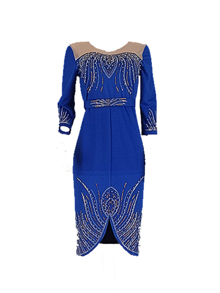 Mid-Sleeve Beaded & Rhinestone Party Dress