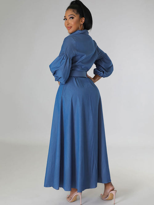 Robe maxi moulante en jean à manches lanternes