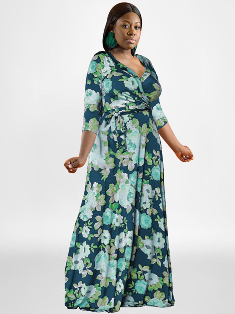 Plus Size Long Sleeves Floral Print Maxi Dress