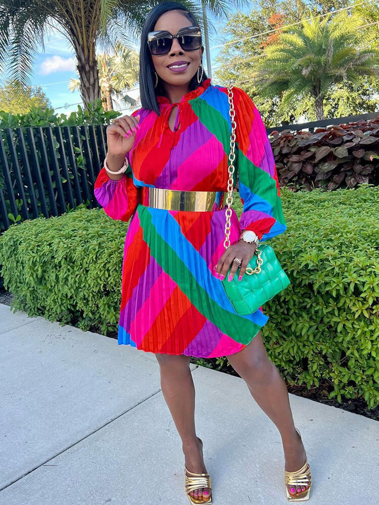 Long Sleeve Color Block Pleated Mini Dress