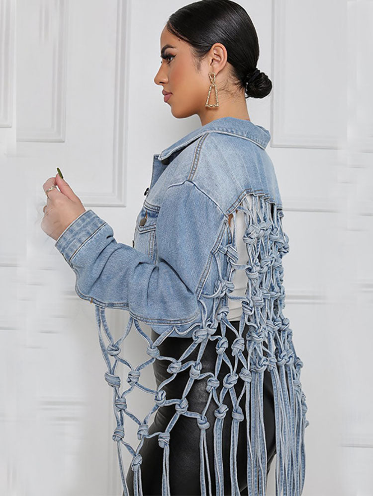 Denim Long Sleeves Tassels Short Coat