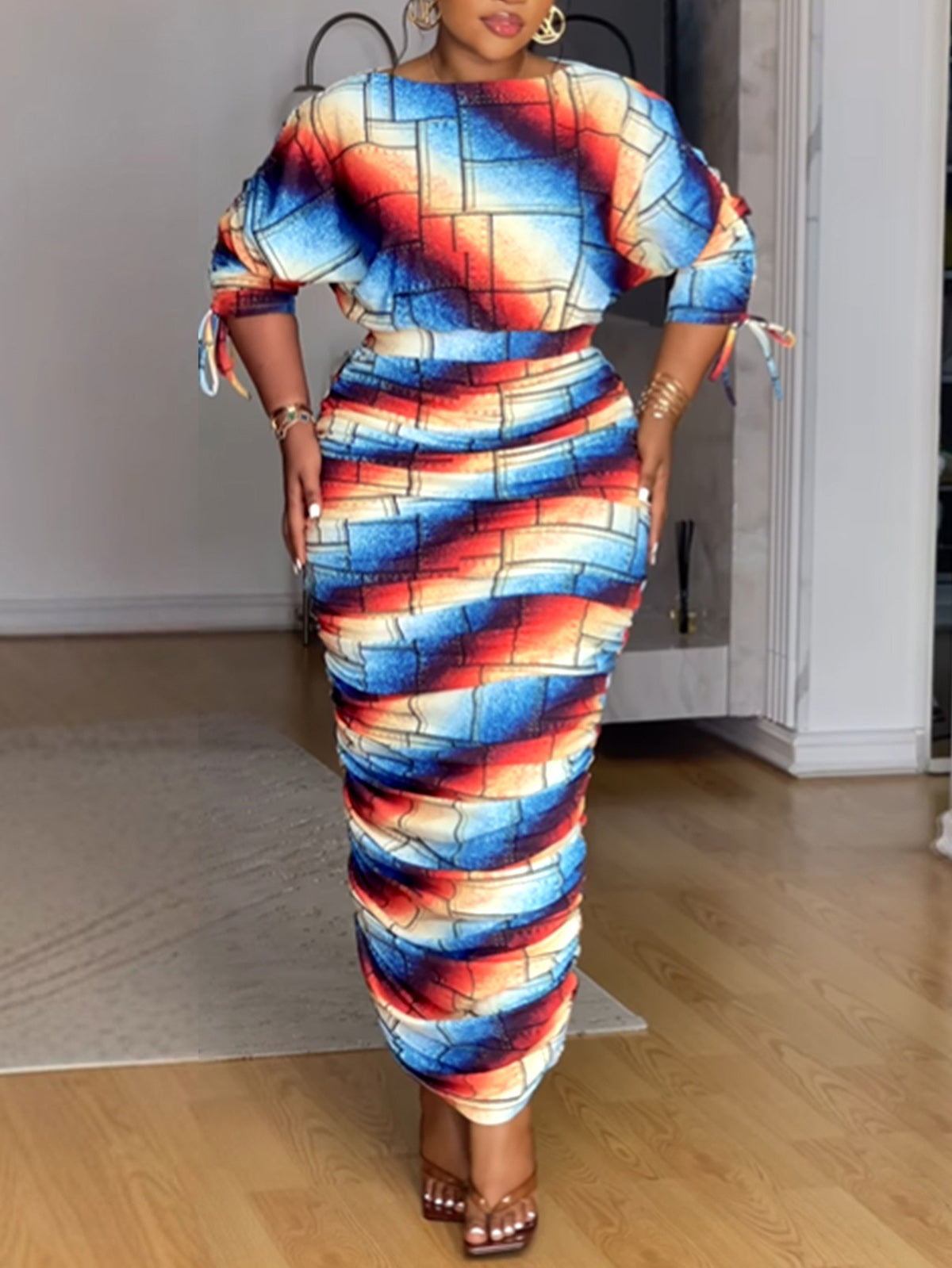 Printed Ruched Long-Sleeve Dress Set