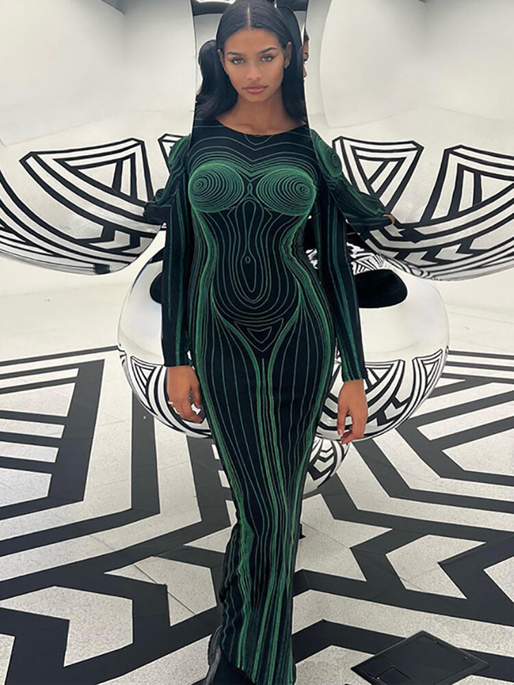 Long Sleeve Striped Bodycon Maxi Dress