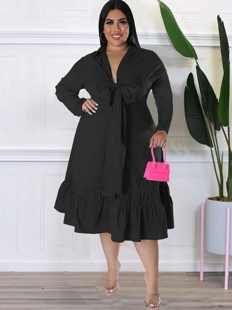 Long Sleeve Lace Up Solid Midi Dress