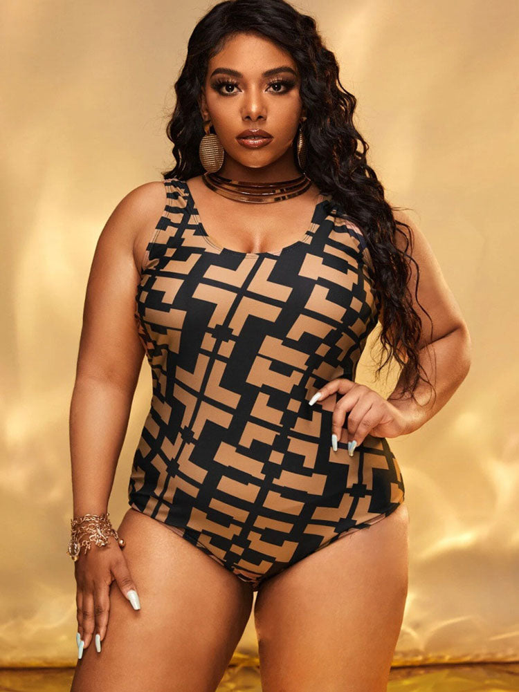 Plus Size Sleeveless Figure Print Swimsuit