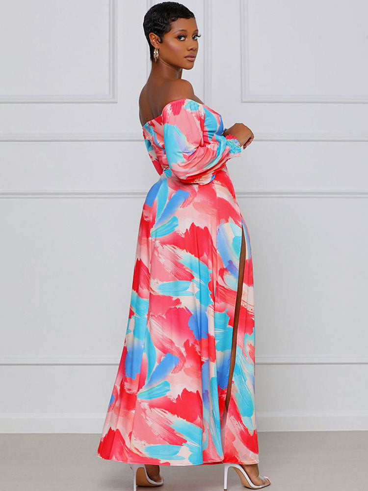Off Shoulder Floral Print Flowy Maxi Dress