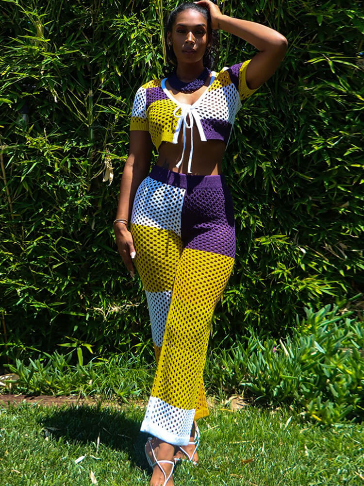 Two Piece Hollow Out Short Sleeve Crop Top Pants