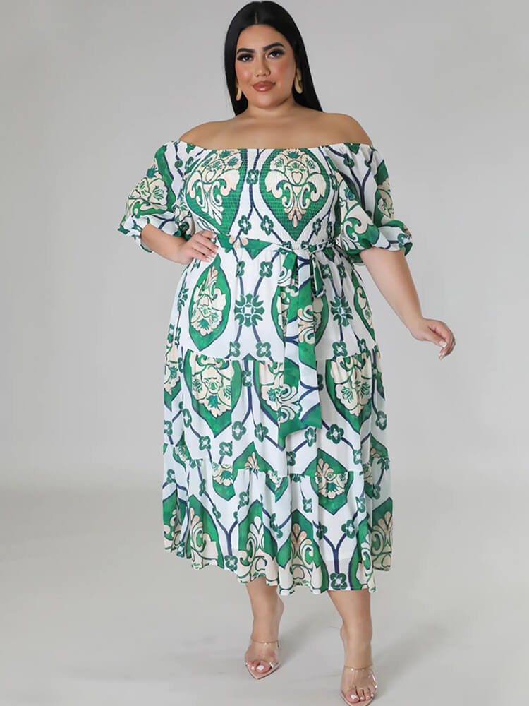 Short Sleeve Off Shoulder Floral Midi Dress