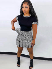 Two Piece Short Sleeve Printed Top Skirts
