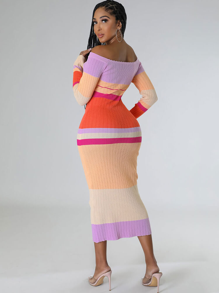 Long Sleeve Off Shoulder Color Block Maxi Dress
