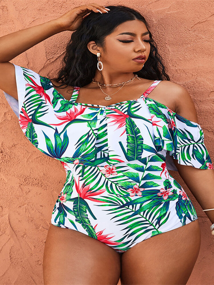 Off Shoulder Floral Print Swimsuit