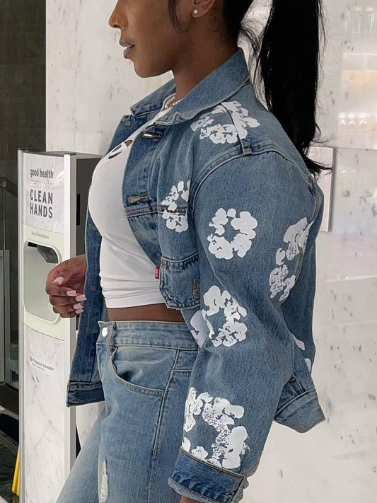 Denim Floral Print Long Sleeve Jacket 1200
