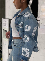 Denim Floral Print Long Sleeve Jacket