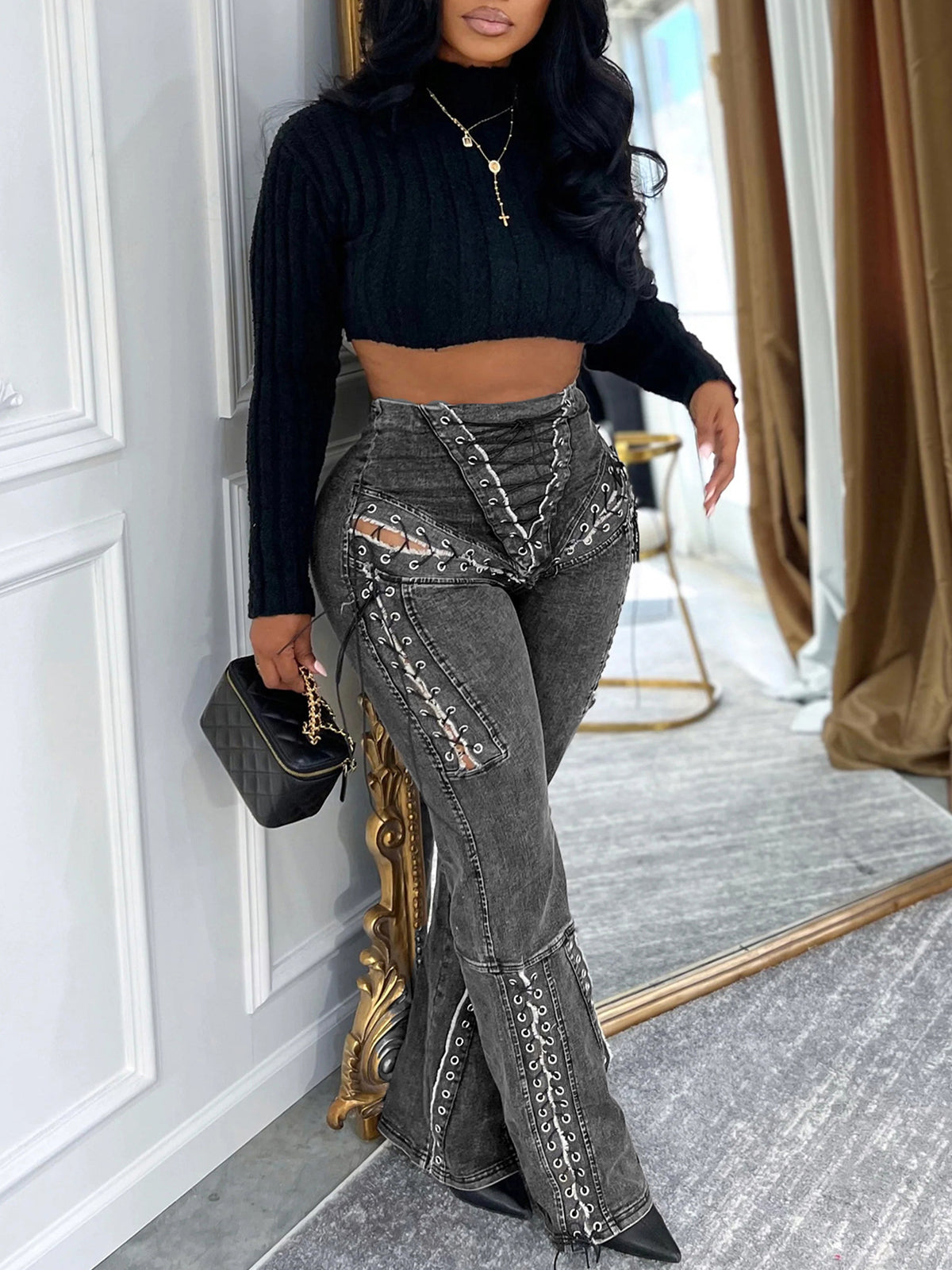 Lace-Up Cutout Denim Jeans